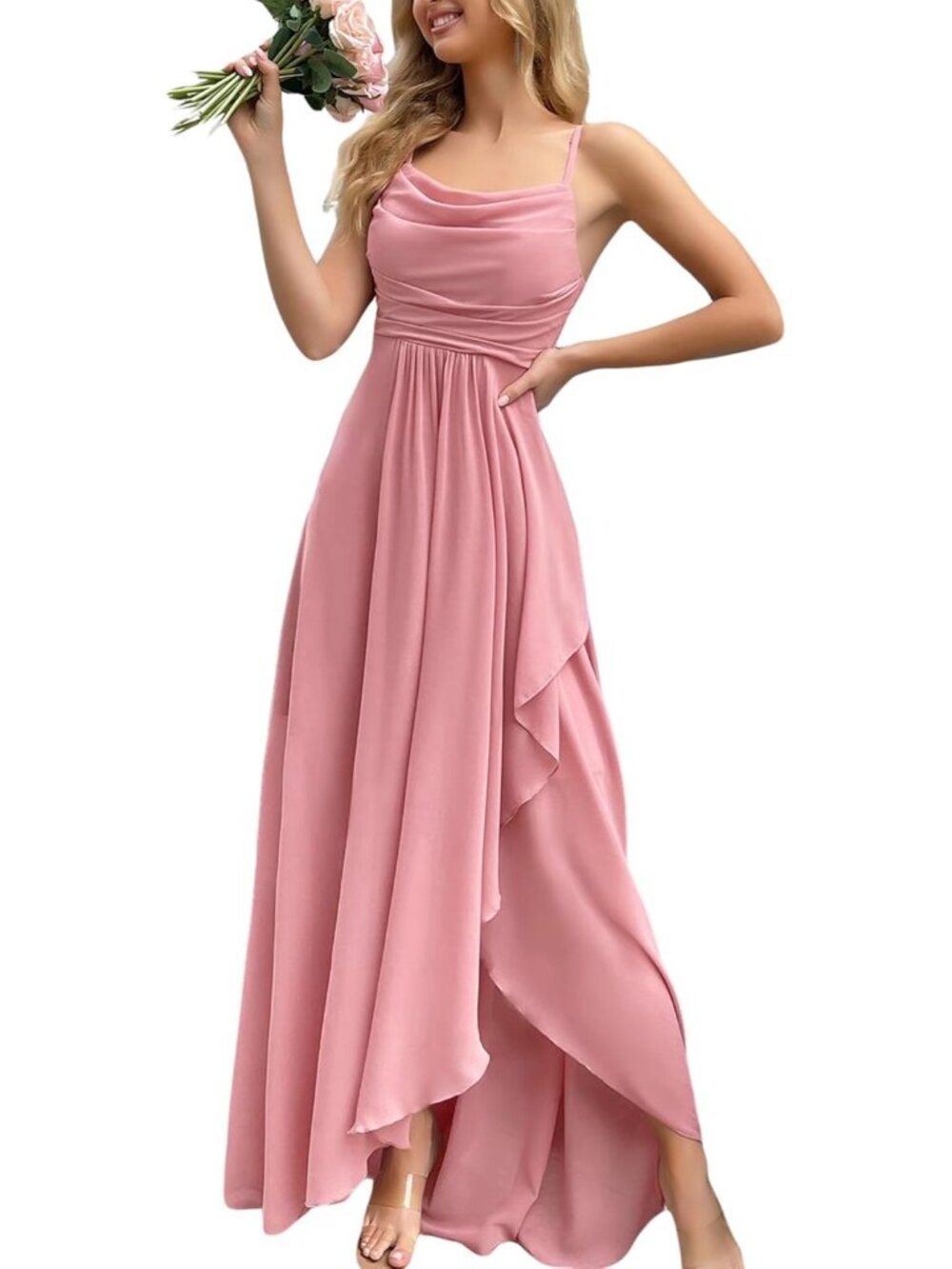 Women's Pale Pink Cowl Neck Spaghetti Strap Cocktail Bodycon Maxi Dress